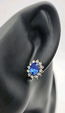 Blue Rhinestone Stud Earrings Faux Sapphire Oval Crystal Silver Tone Costume...